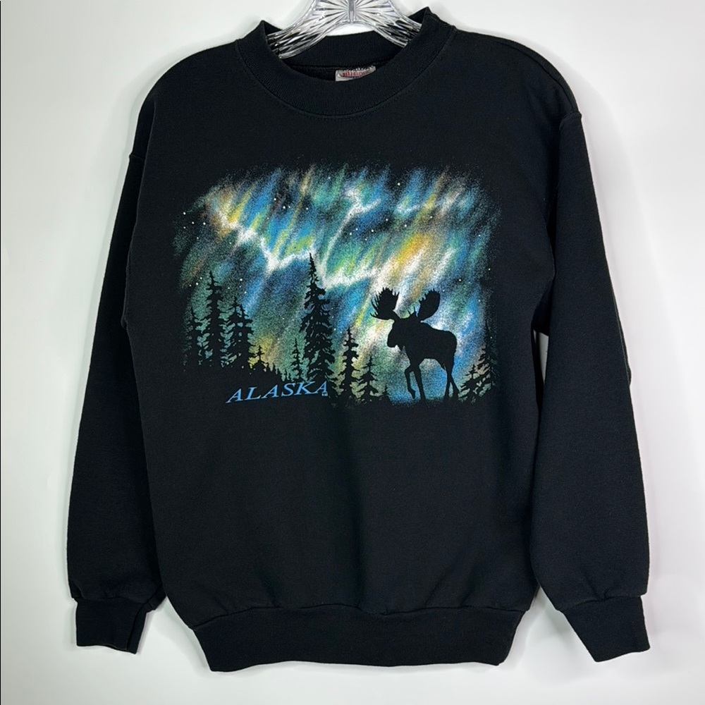 Vintage Hanes Black Alaska Moose Aurora Borealis Crew Sweatshirt Small - Picture 1 of 10